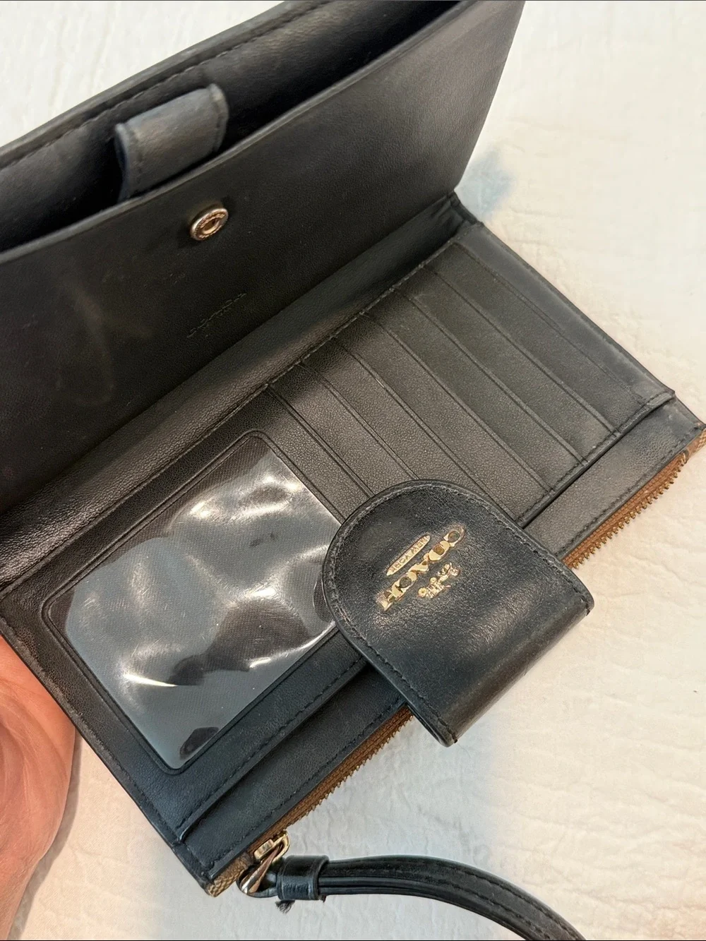 Coach Wallet - Brown Signature Canvas Wristlet with Black Trim